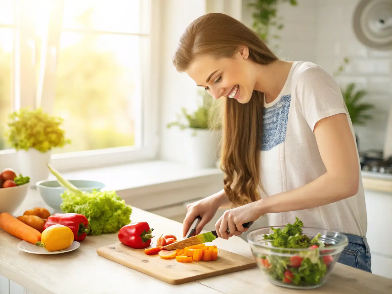 A woman smiling while preparing a healthy meal in her kitchen, highlighting the joy and ease of cooking nutritious food at home.
