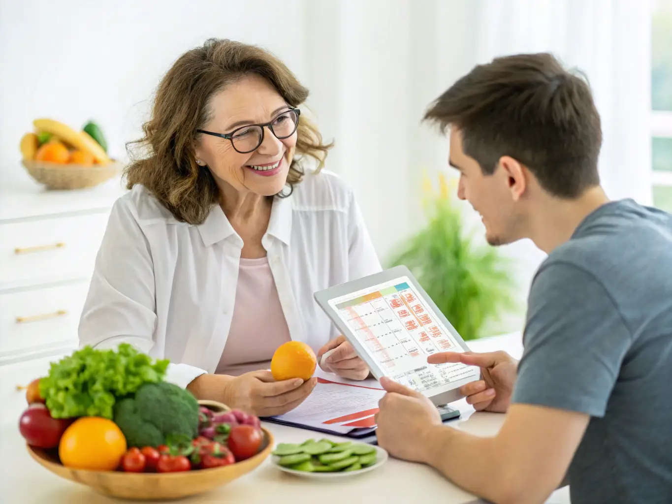 A certified nutritionist providing personalized dietary advice to a woman, illustrating the benefits of professional guidance in achieving nutritional goals.