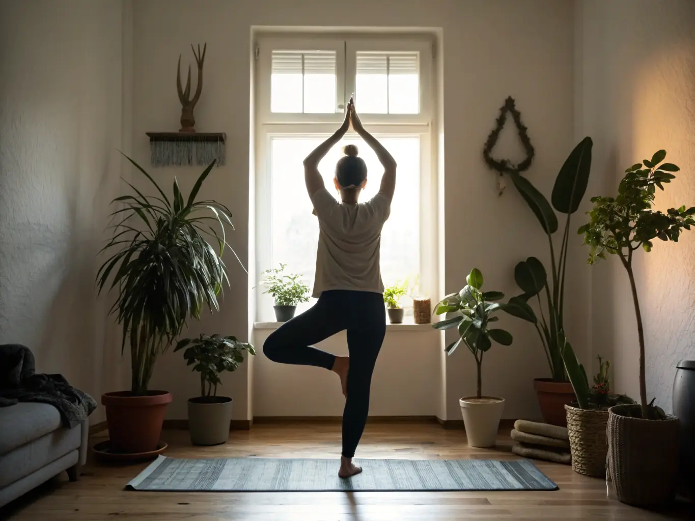 A serene woman practicing yoga poses in a peaceful studio, emphasizing flexibility and mindfulness.